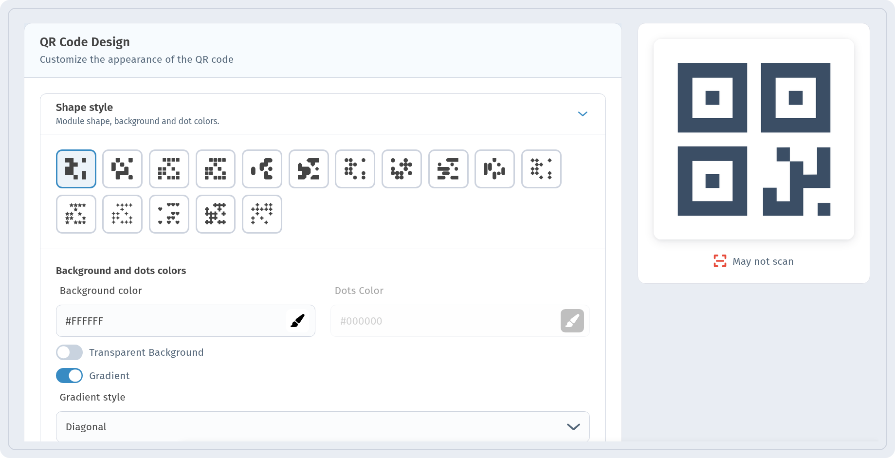 Gradient toggle on with a gradient fading to light grey, the preview shows May not scan