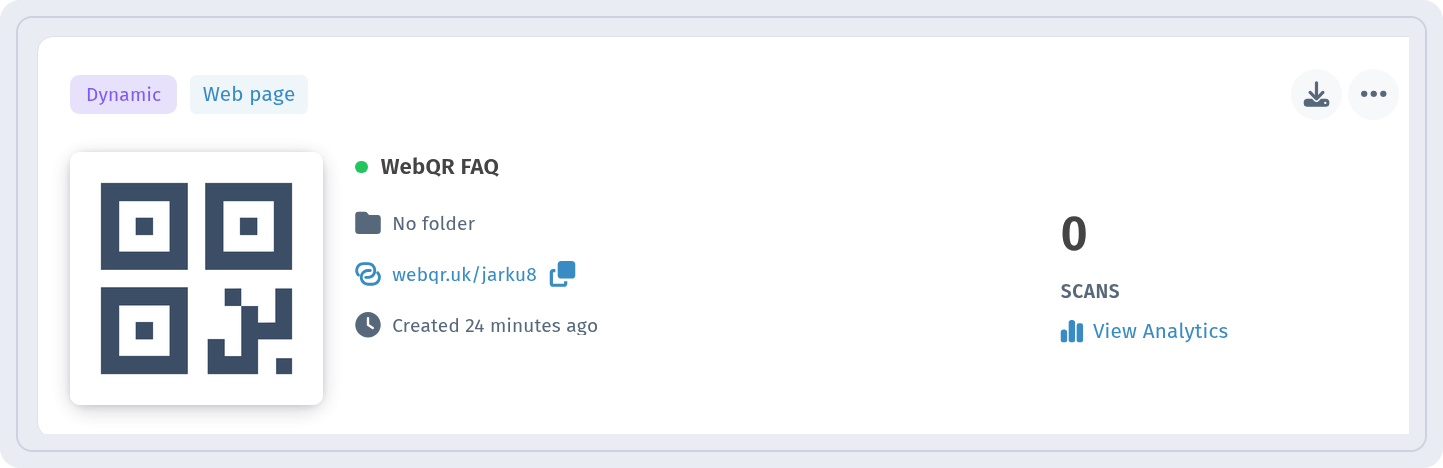 WebQR FAQ card in My QR codes marked Dynamic and Web page with a View Analytics link