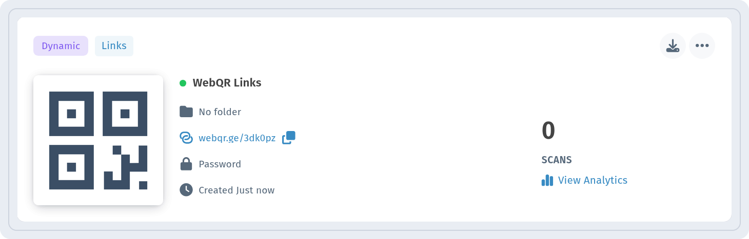 Card of the dynamic Links code WebQR Links in the list with a lock and the Password line