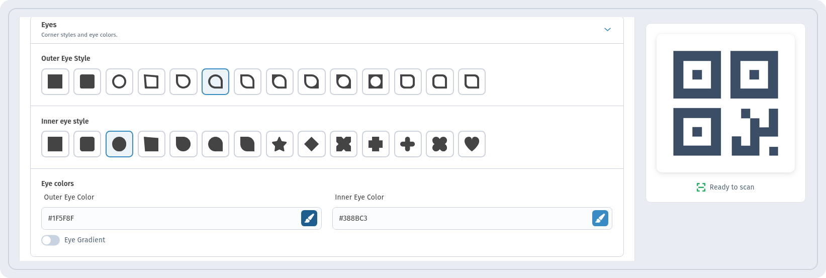 Eyes section in WebQR with Outer Eye Style and Inner eye style options, Outer Eye Color, Inner Eye Color and Eye Gradient toggle