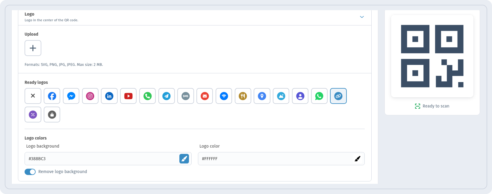 Logo section in WebQR with Upload, Ready logos, Logo background and Logo color settings and a chain-link logo in the preview