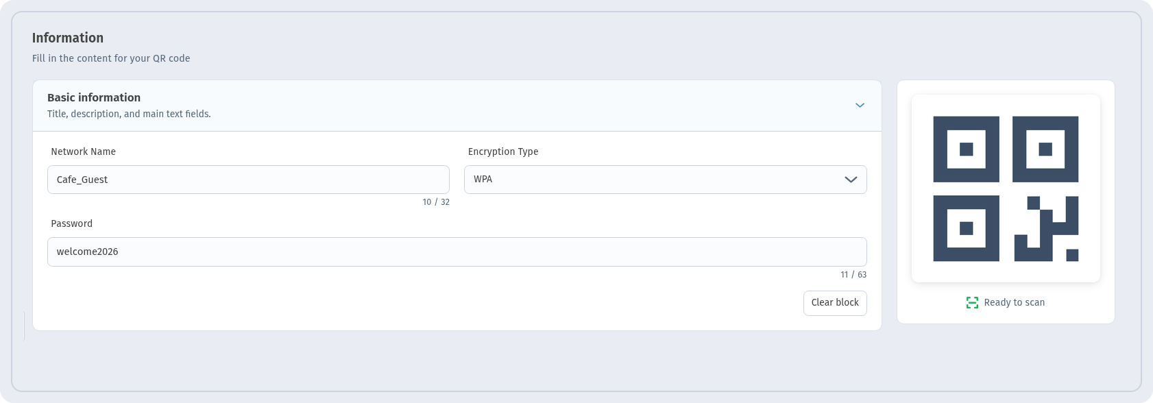Static Wi-Fi QR code in WebQR: Basic information card with Network Name, Encryption Type WPA and Password fields