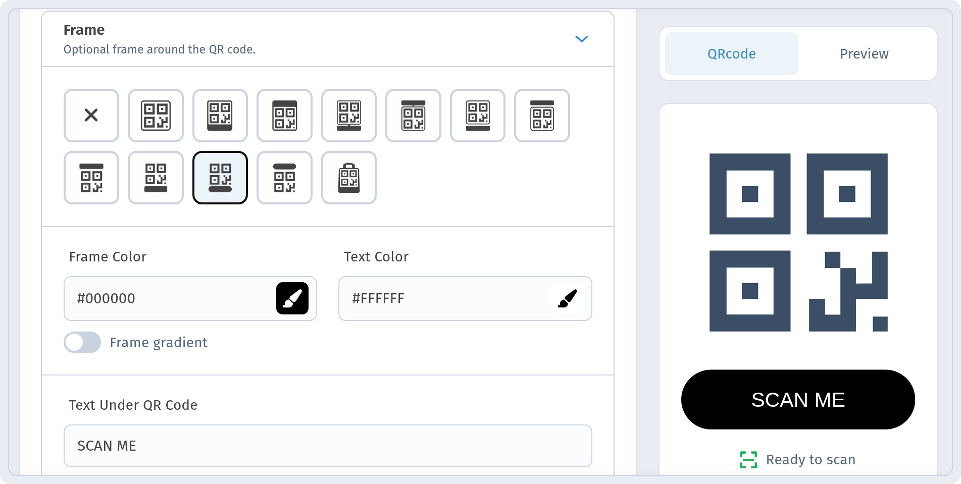 Frame section in WebQR with frame styles and Text Under QR Code field, plus the Rounded QR corners toggle