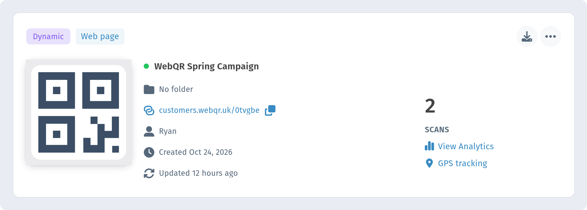 QR codes page filtered by Workspaces and WebQR Marketing showing the WebQR Spring Campaign code