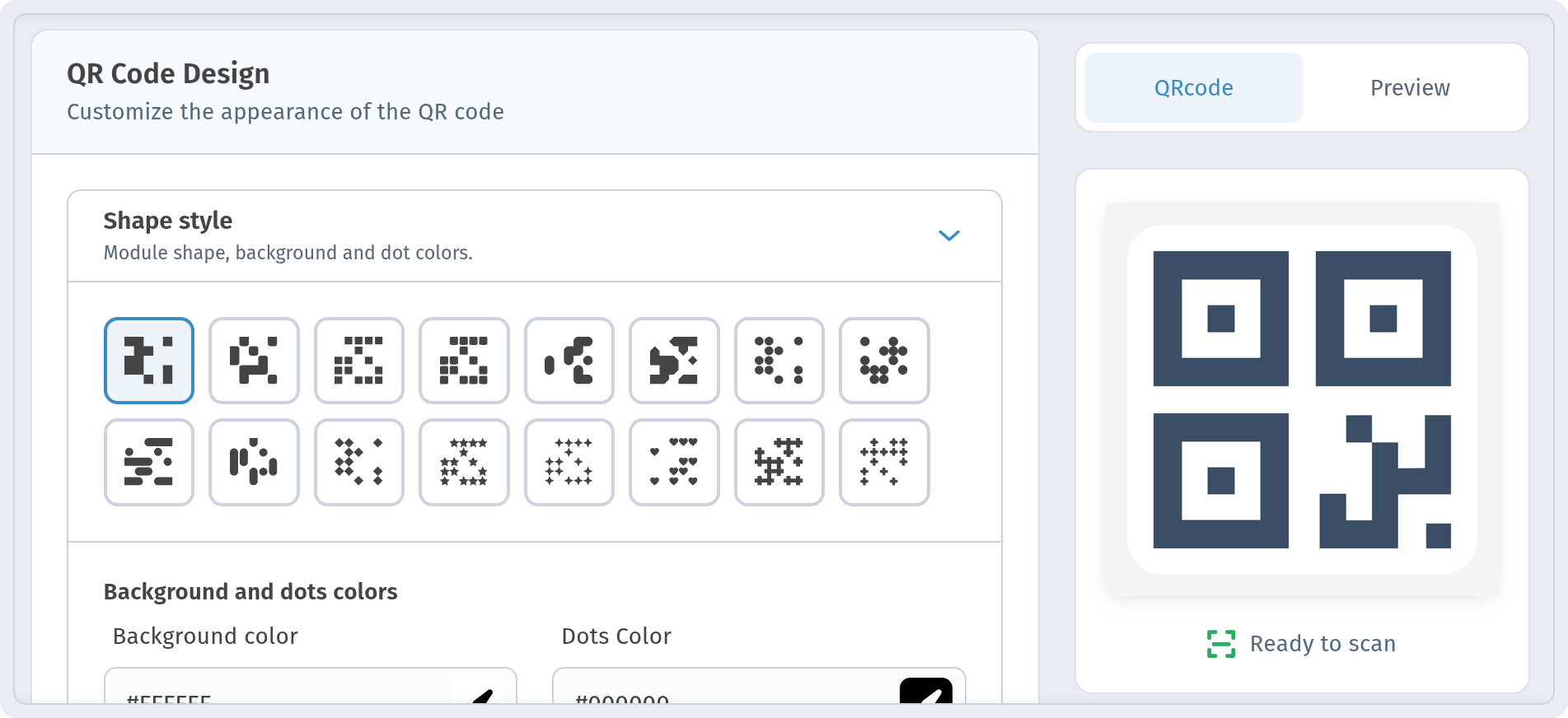 Shape style section in WebQR with dot style icons, Background color, Dots Color, Transparent Background and Gradient toggles